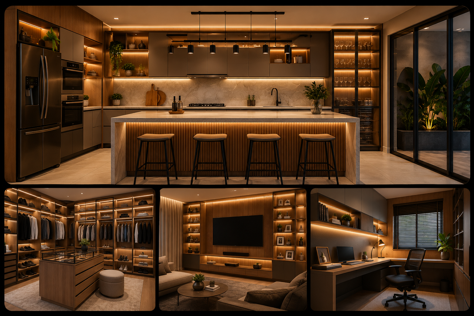 Mosaico com cozinha planejada premium, closet, home TV e home office planejado com ilumina&ccedil;&atilde;o quente